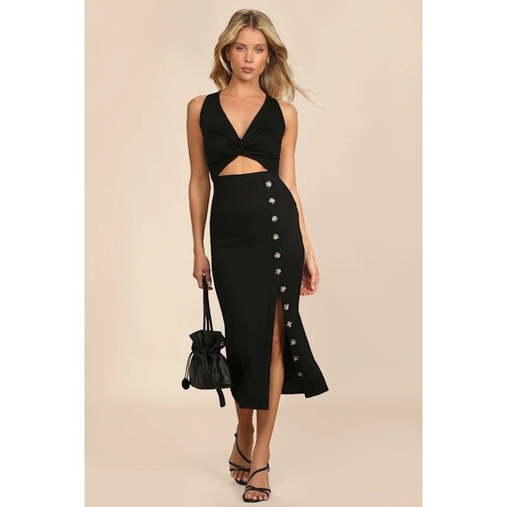 NWT Lulus Black Sleeveless Ribbed Midi Dress with Front Twist & Button Slit - XS